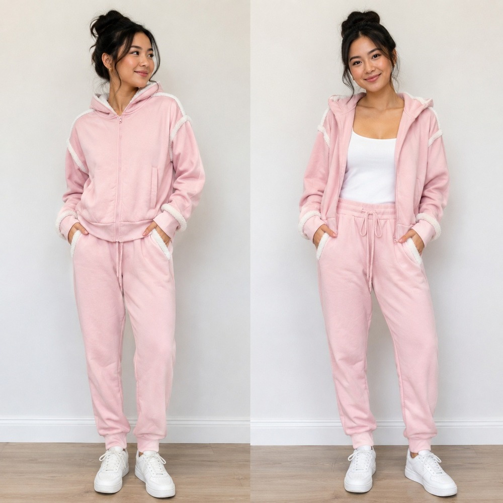 Crave Fame Pink Faux Shearling Trim Hoodie Joggers Tracksuit Set Womens M NWT